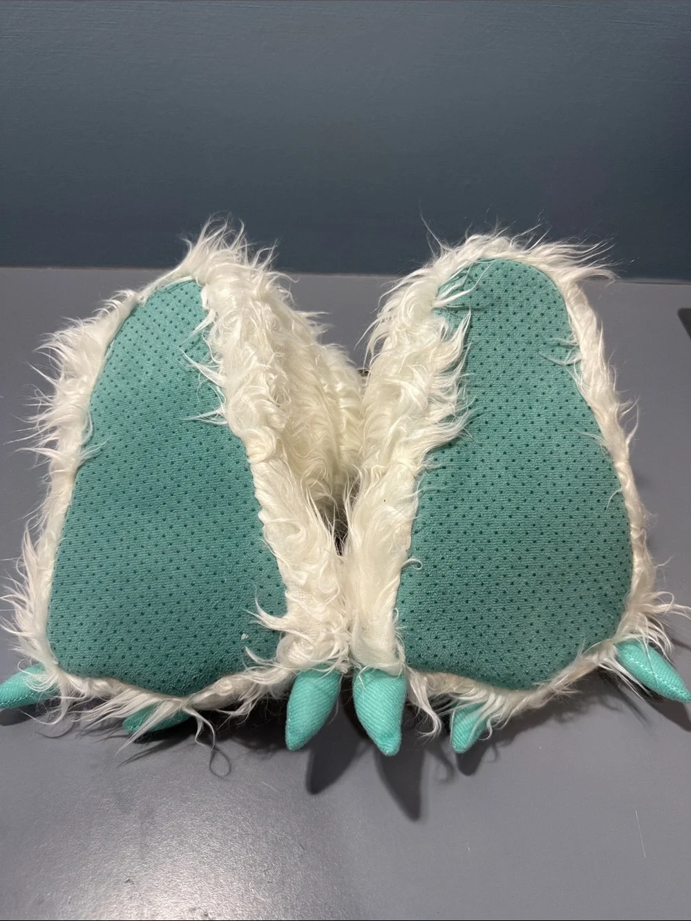 Lazy One White Fuzzy Monster Claw Slipper Boots with Teal Claws
